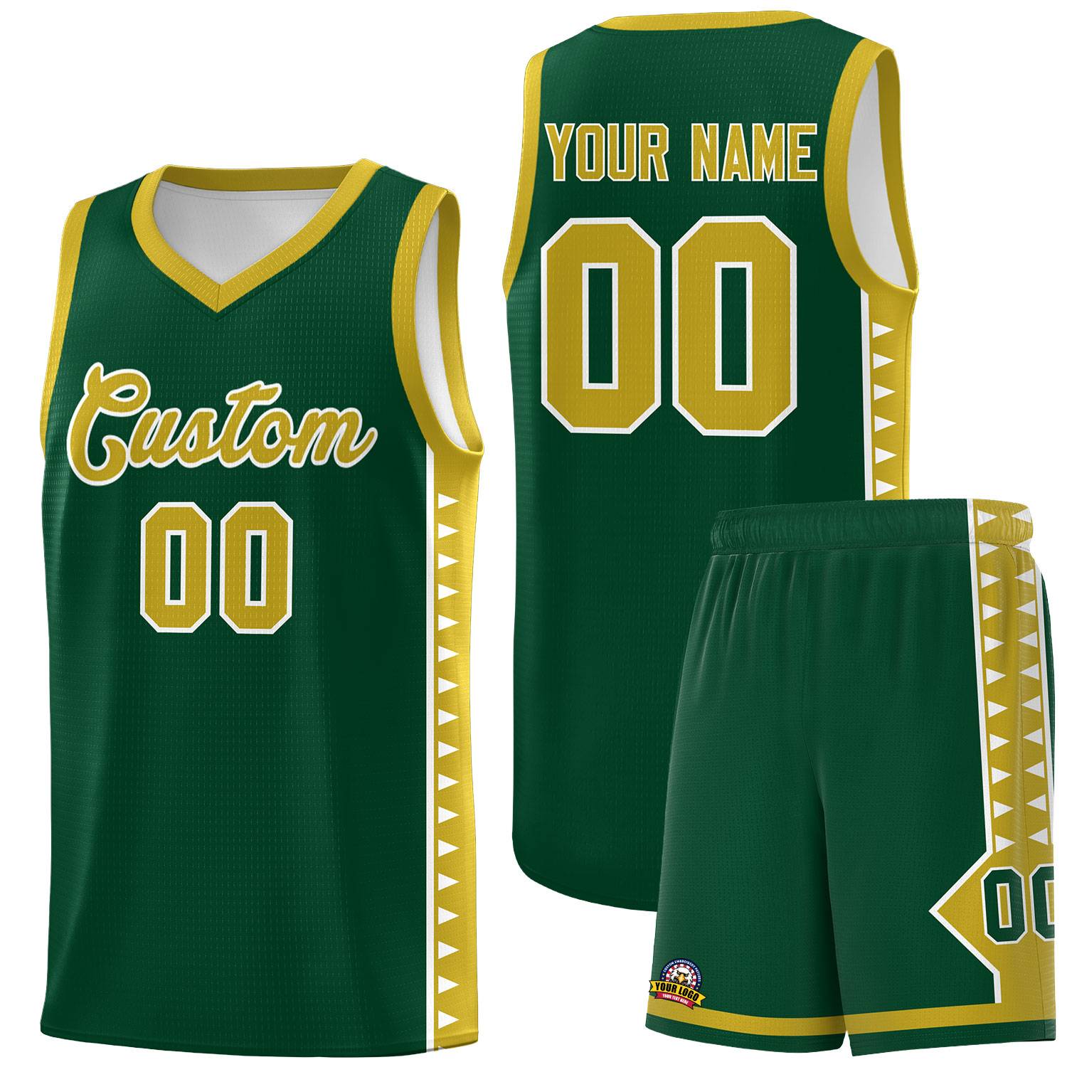 Custom Green Old Gold Basketball Kits With Side Zigzag Pattern