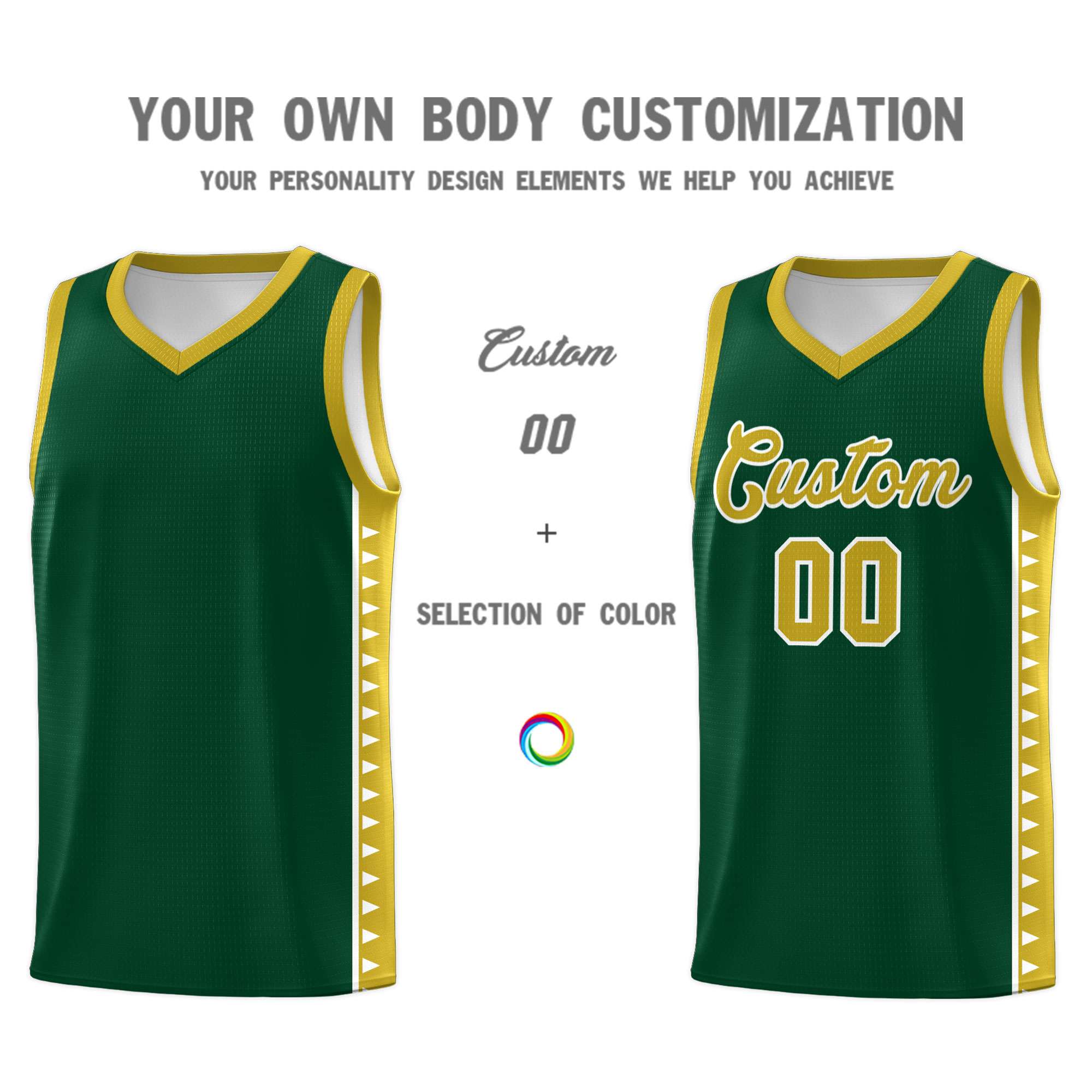 Custom Green Old Gold Basketball Kits With Side Zigzag Pattern