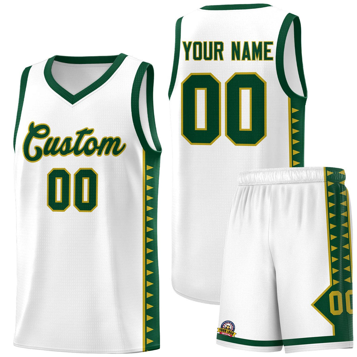 Custom White Green Basketball Kits With Side Zigzag Pattern