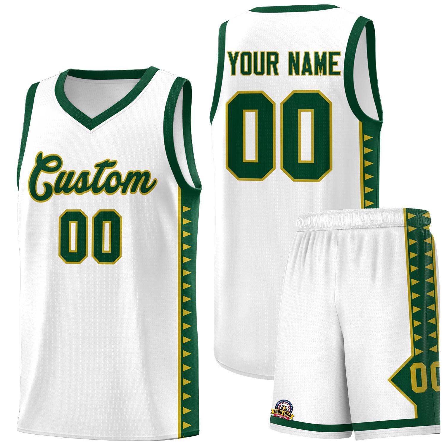 Custom White Green Basketball Kits With Side Zigzag Pattern