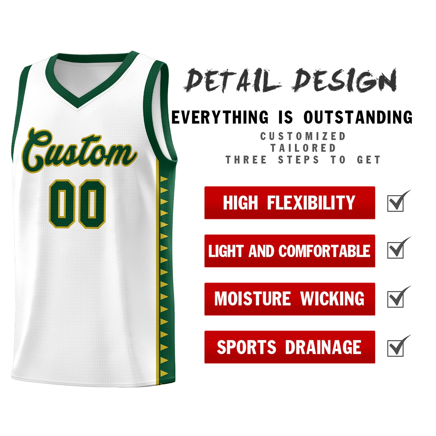 Custom White Green Basketball Kits With Side Zigzag Pattern