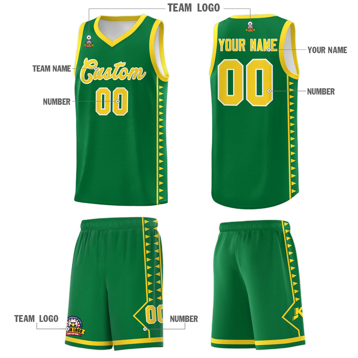 Custom Kelly Green Gold Basketball Kits With Side Zigzag Pattern