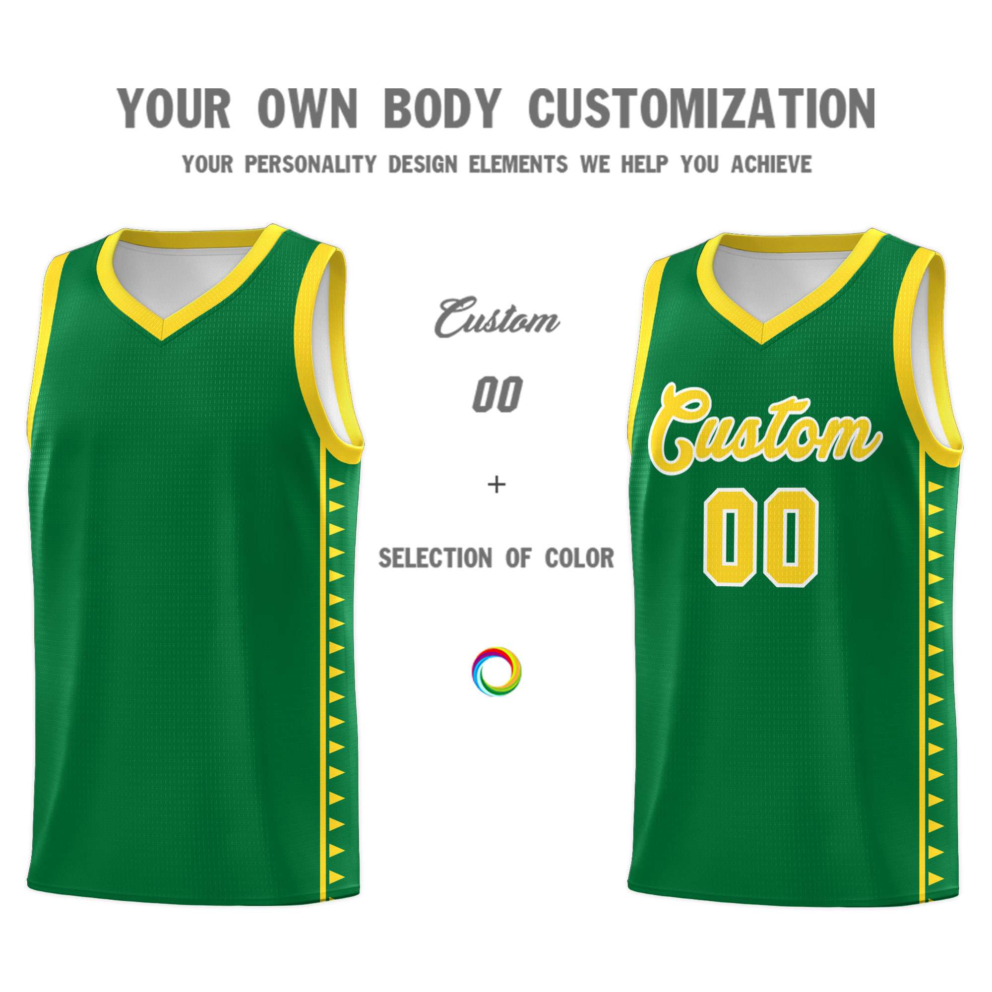 Custom Kelly Green Gold Basketball Kits With Side Zigzag Pattern