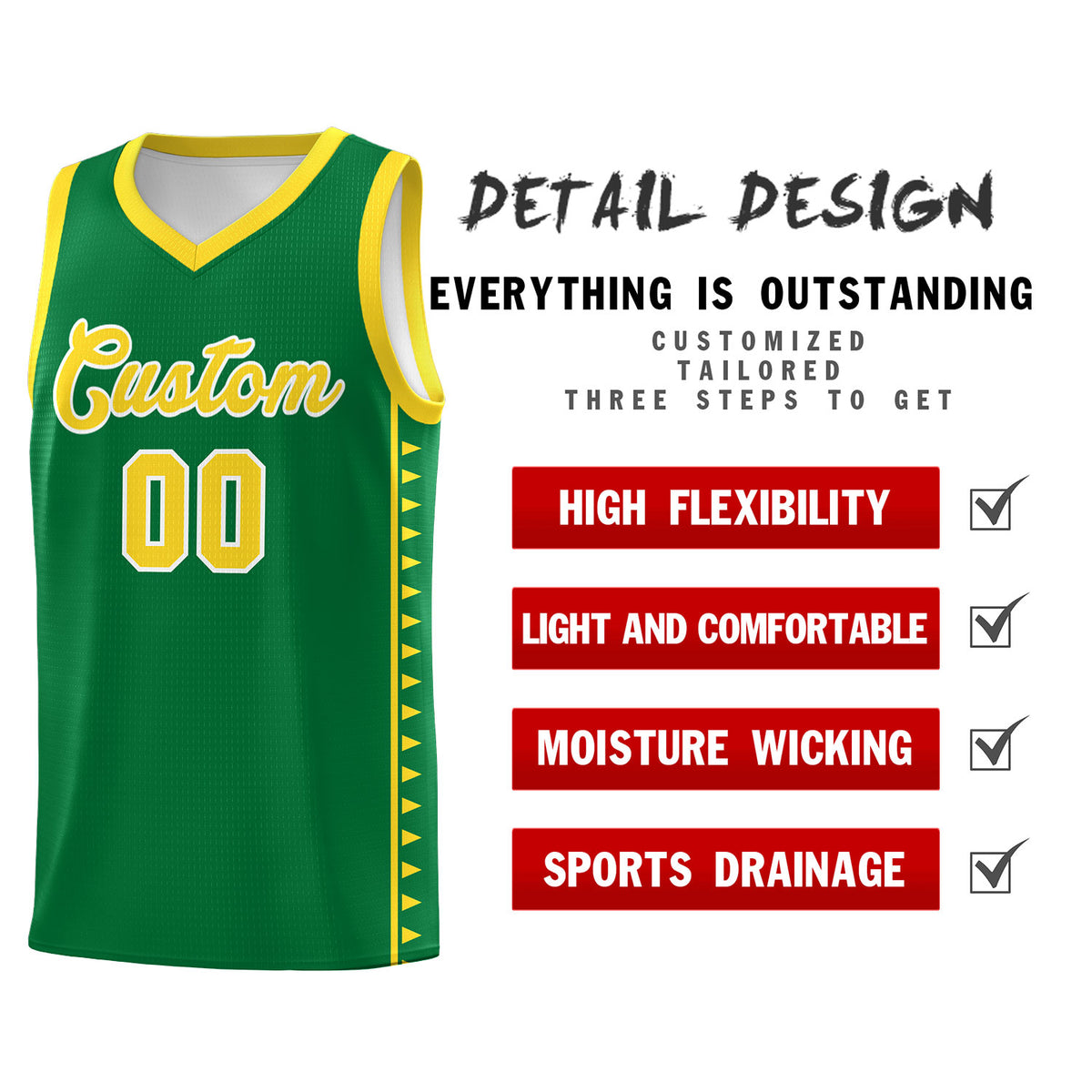 Custom Kelly Green Gold Basketball Kits With Side Zigzag Pattern