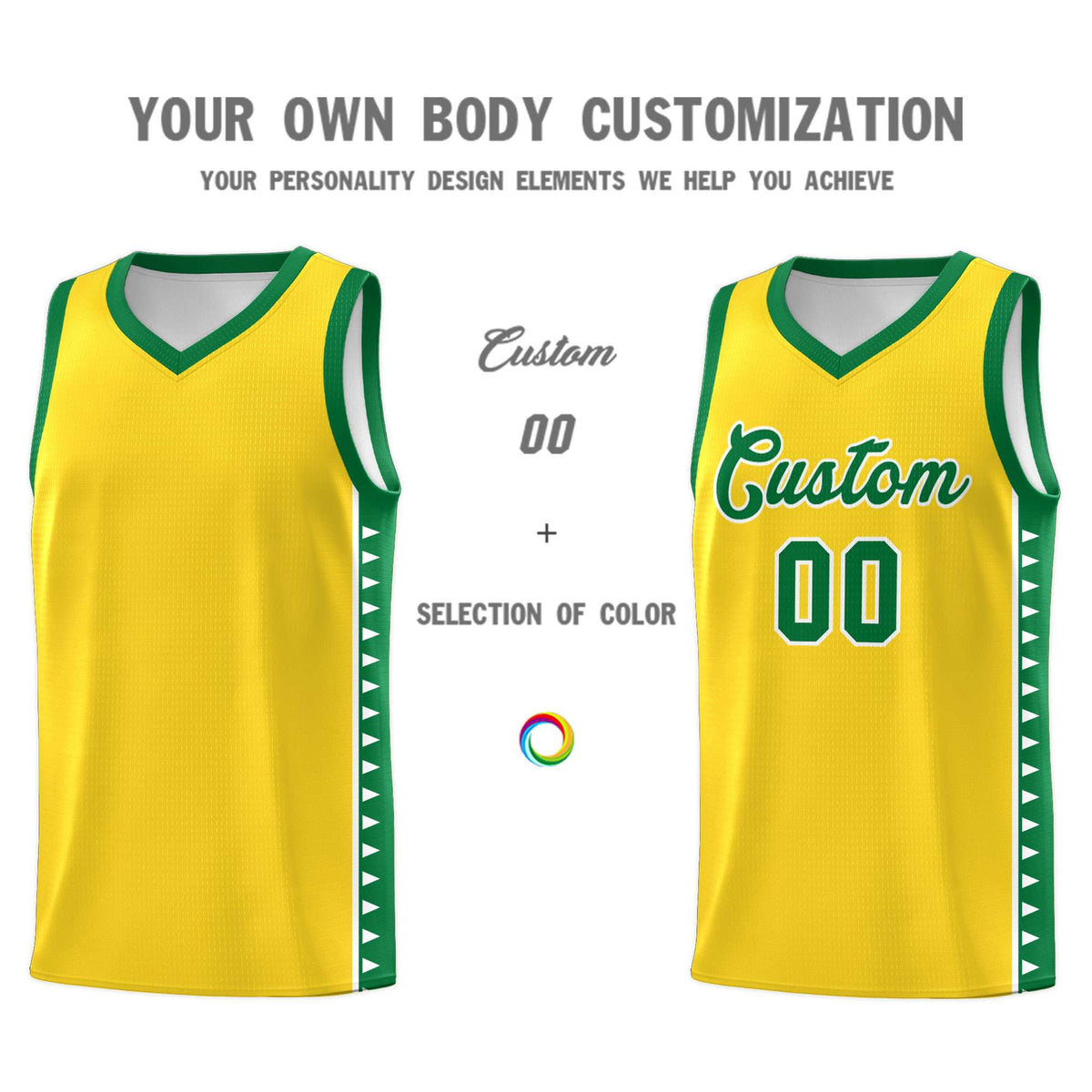 Custom Gold Kelly Green Basketball Kits With Side Zigzag Pattern