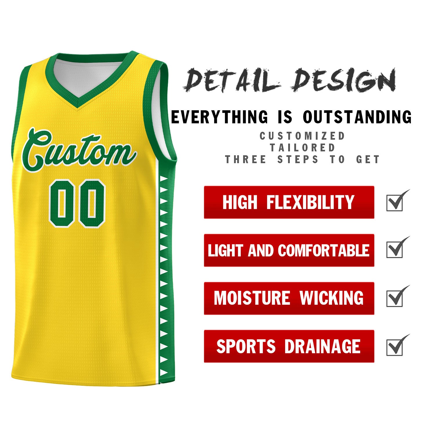 Custom Gold Kelly Green Basketball Kits With Side Zigzag Pattern