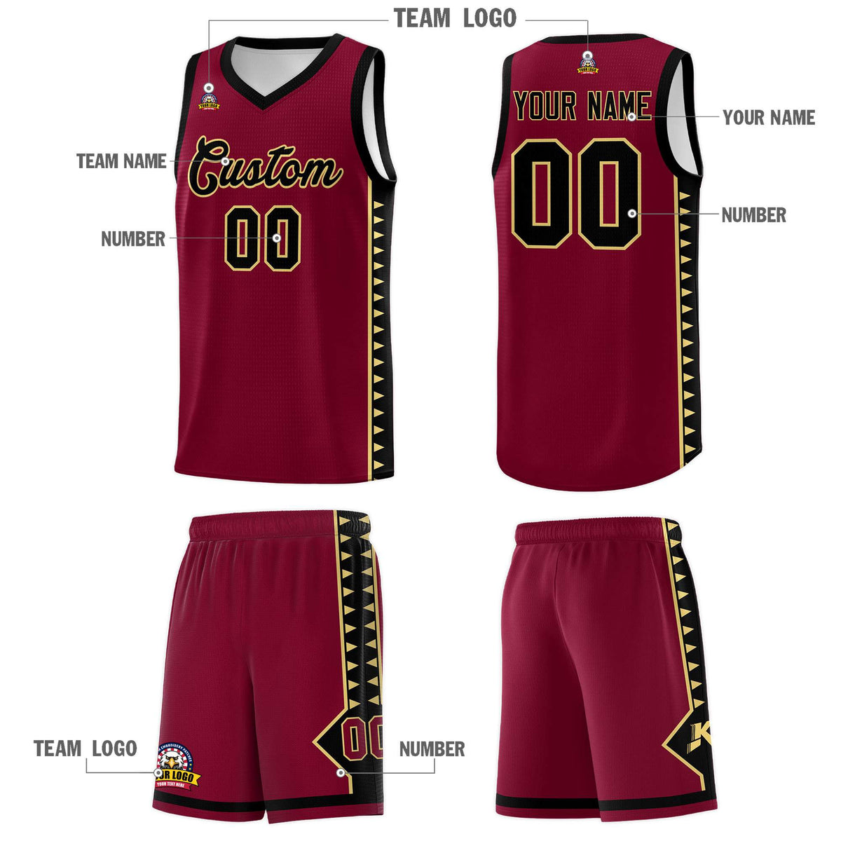 Custom Crimson Black Basketball Kits With Side Zigzag Pattern
