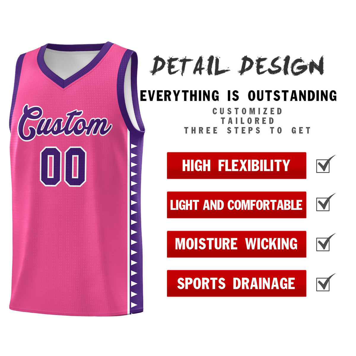 Custom Pink Purple Basketball Kits With Side Zigzag Pattern