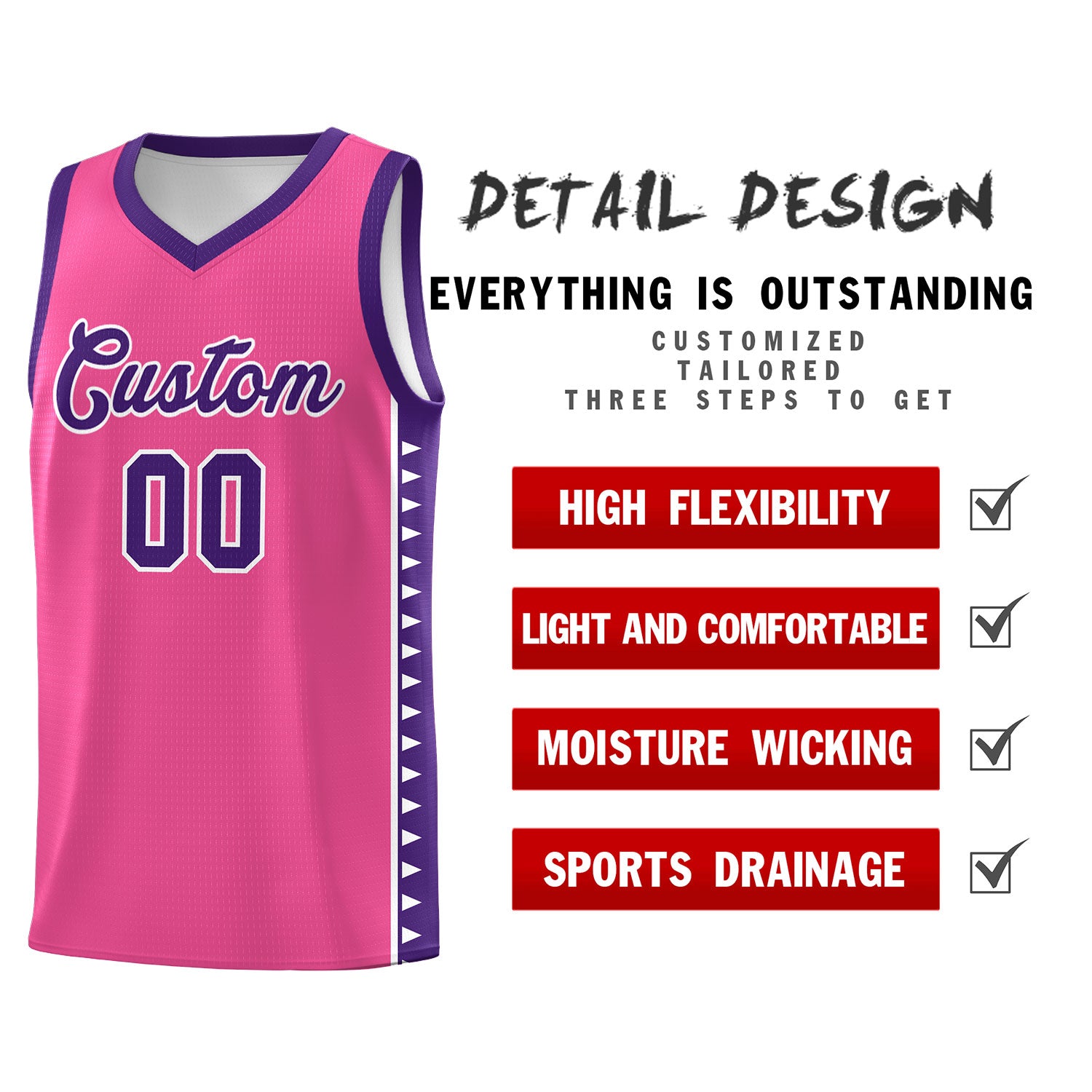 Custom Pink Purple Basketball Kits With Side Zigzag Pattern