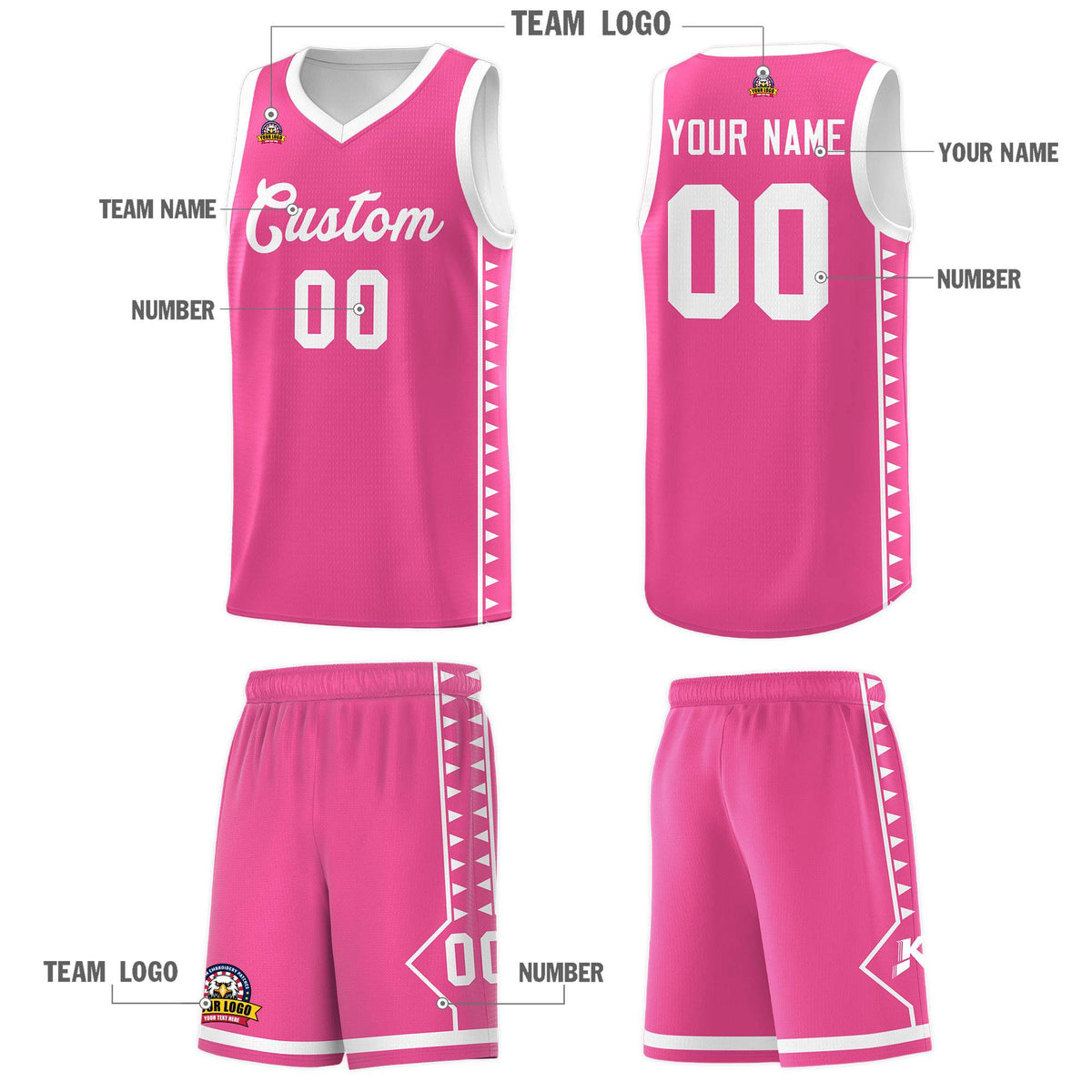 Custom Pink White Basketball Kits With Side Zigzag Pattern