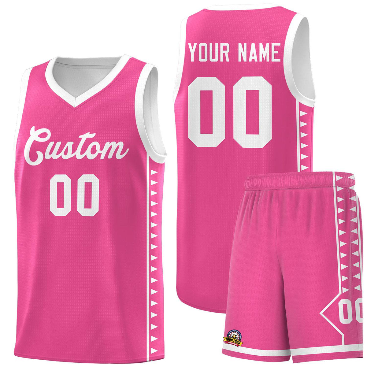 Custom Pink White Basketball Kits With Side Zigzag Pattern