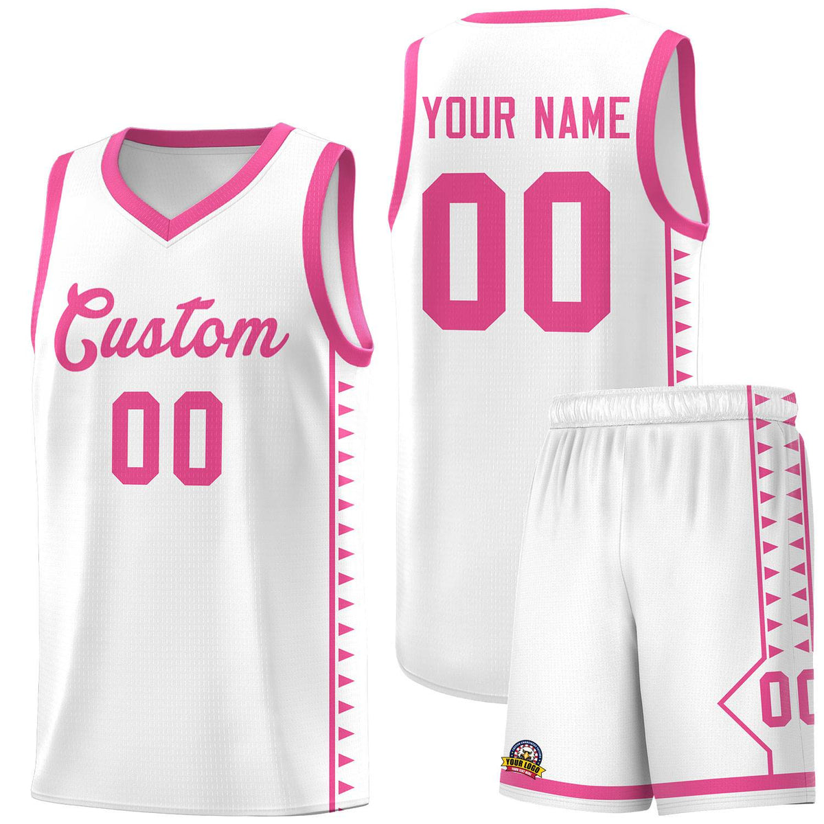 Custom White Pink Basketball Kits With Side Zigzag Pattern