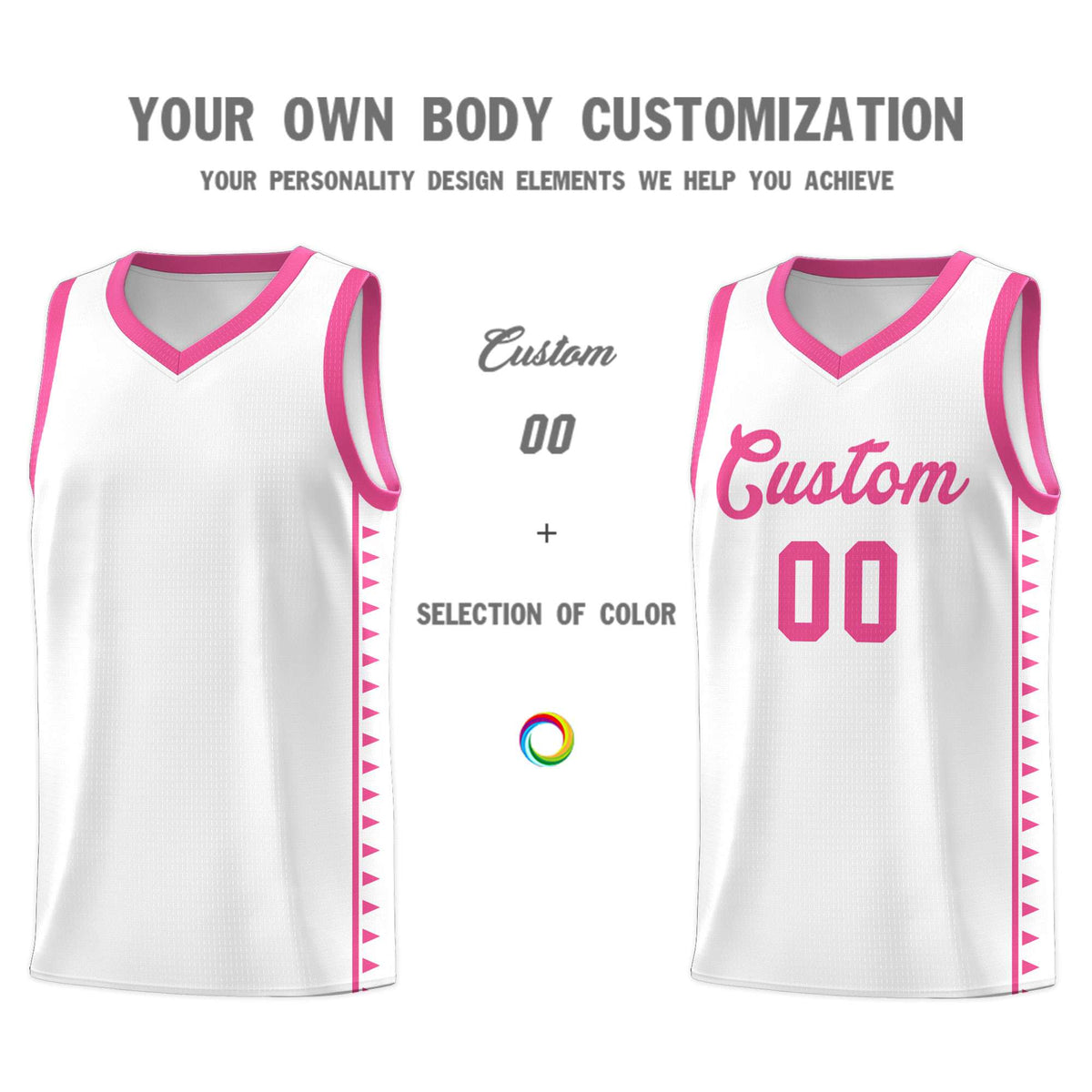 Custom White Pink Basketball Kits With Side Zigzag Pattern