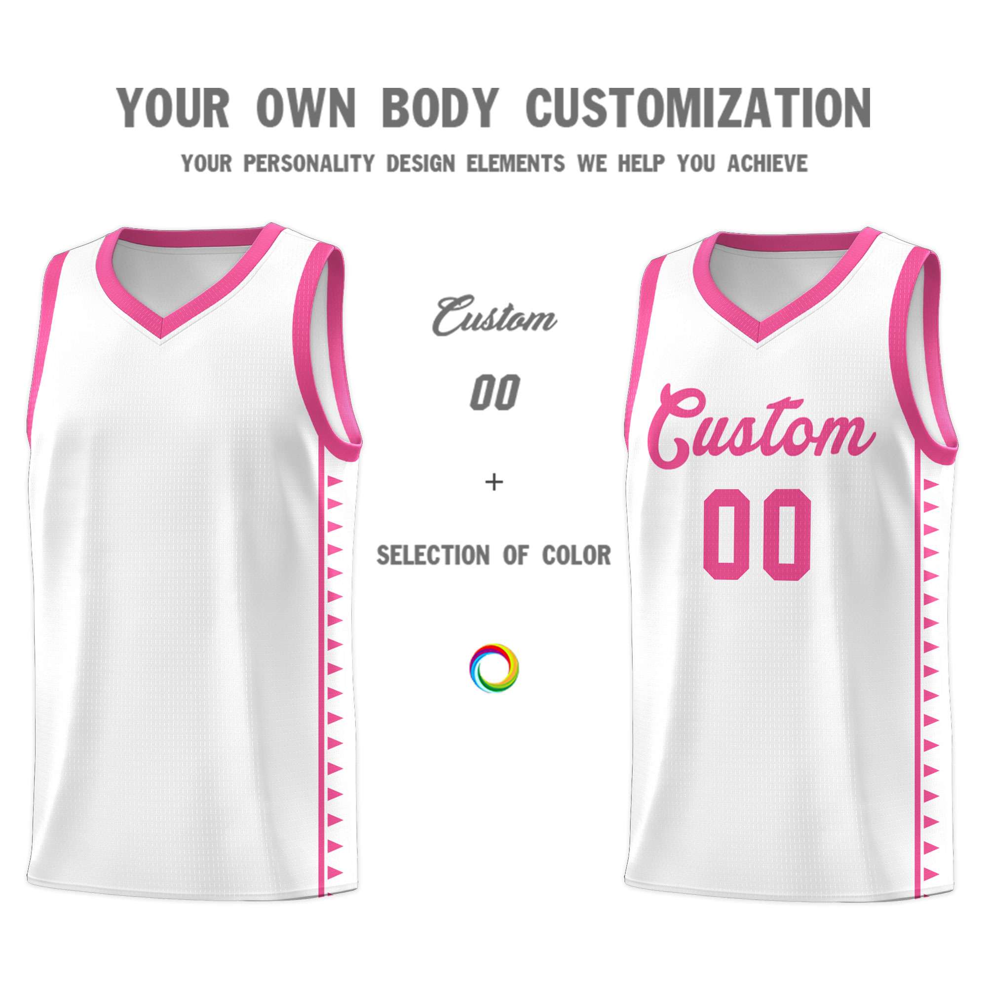 Custom White Pink Basketball Kits With Side Zigzag Pattern