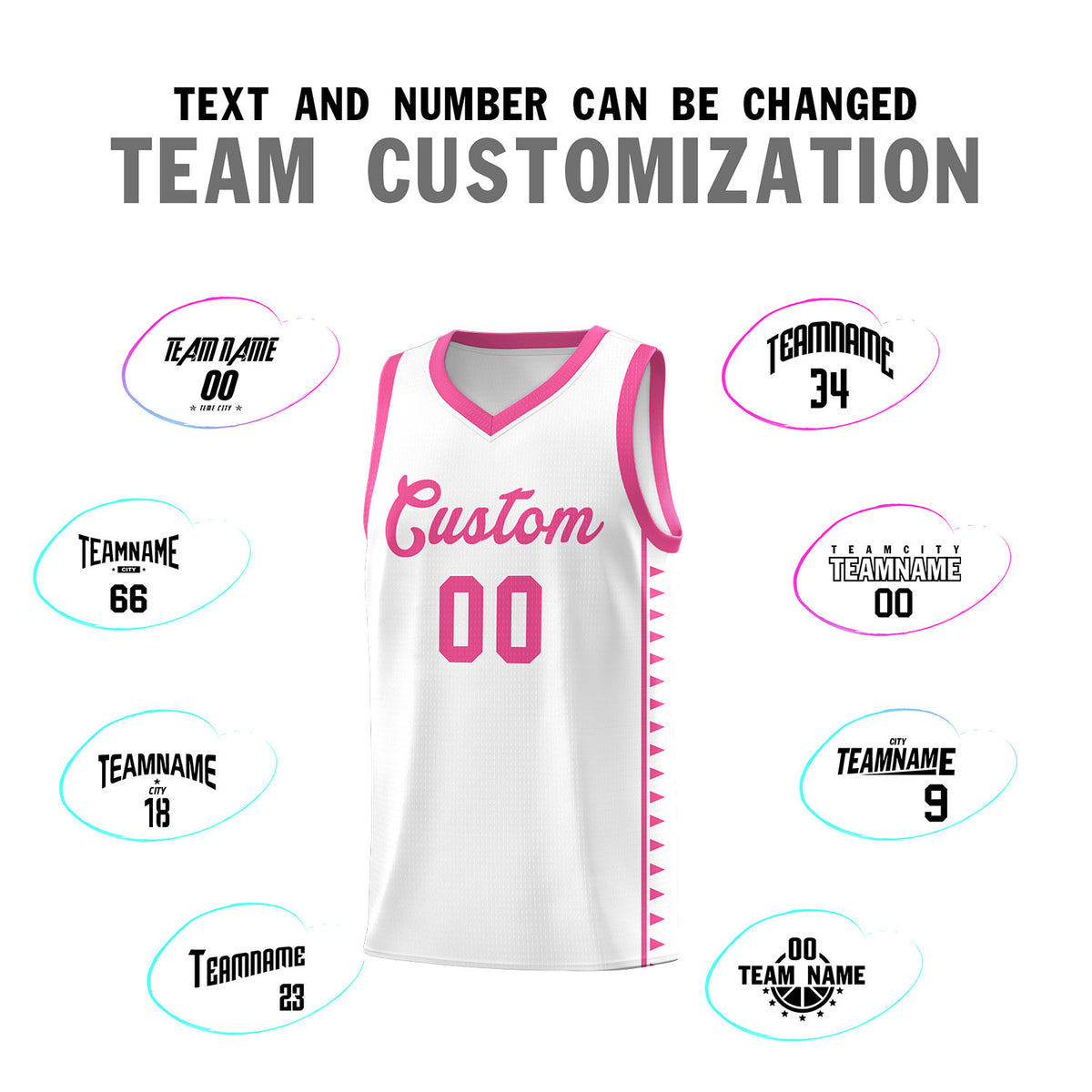 Custom White Pink Basketball Kits With Side Zigzag Pattern