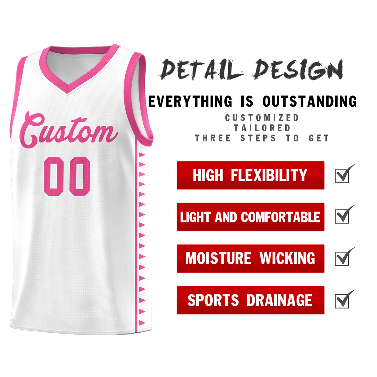 Custom White Pink Basketball Kits With Side Zigzag Pattern