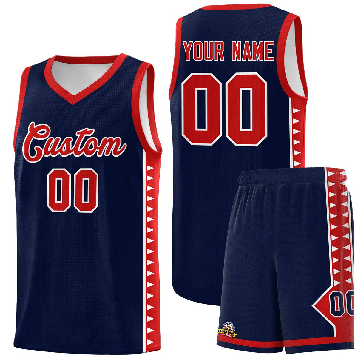Custom Navy Red Basketball Kits With Side Zigzag Pattern