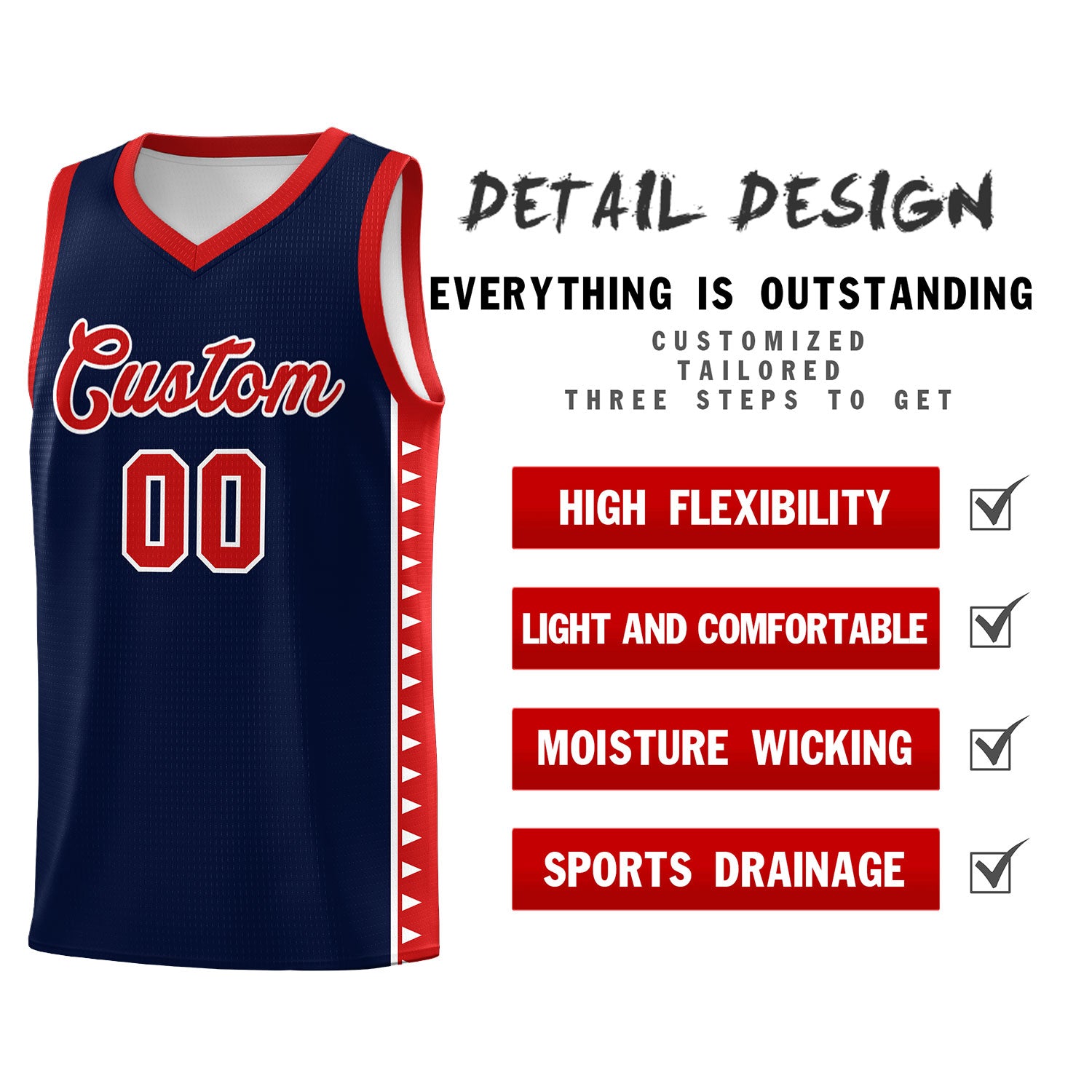 Custom Navy Red Basketball Kits With Side Zigzag Pattern