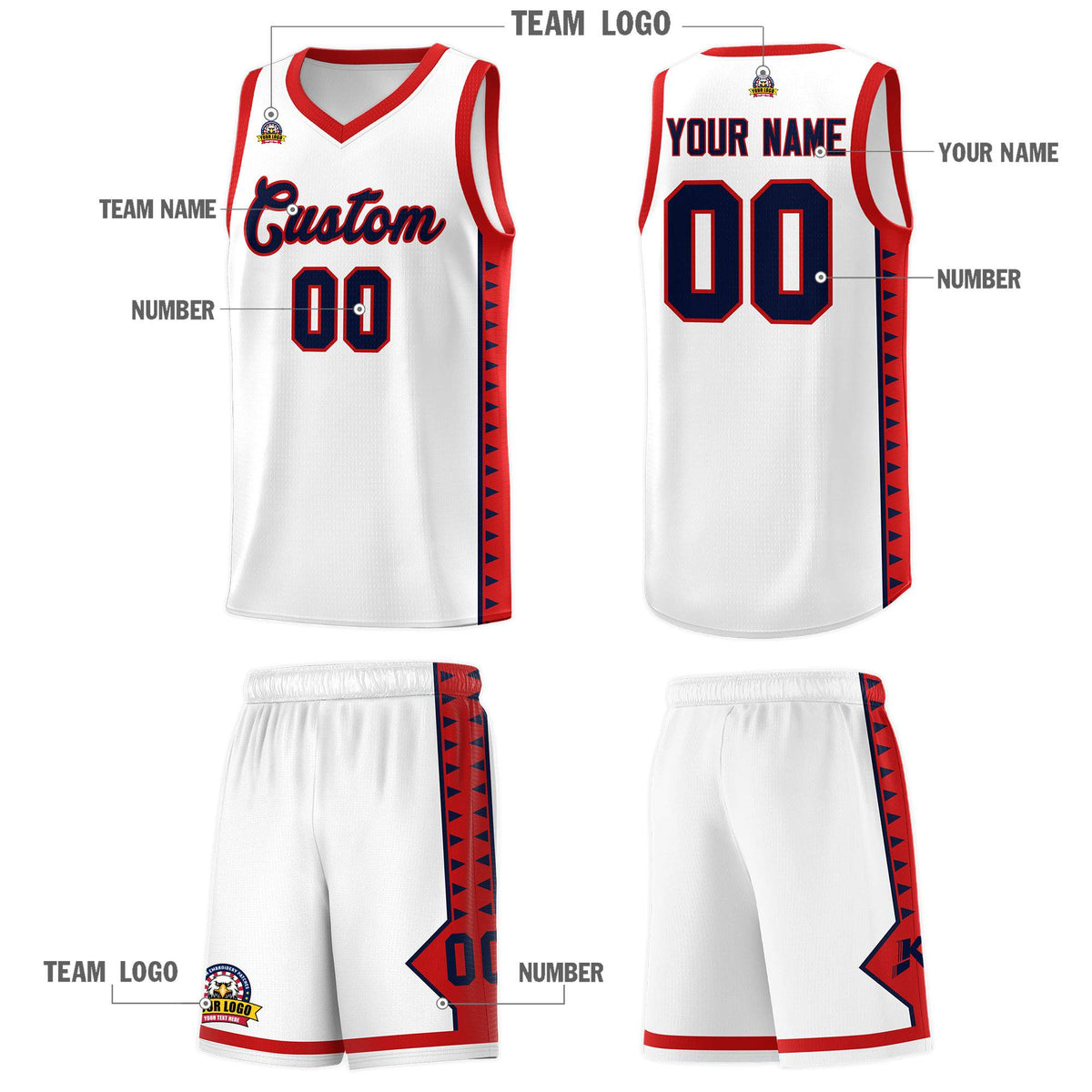 Custom White Red Basketball Kits With Side Zigzag Pattern