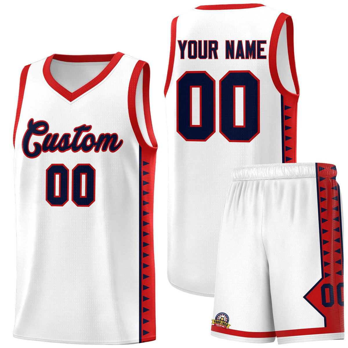 Custom White Red Basketball Kits With Side Zigzag Pattern