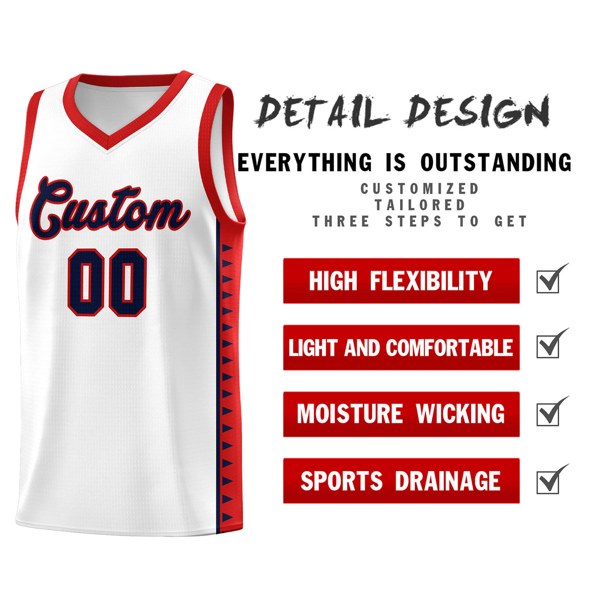 Custom White Red Basketball Kits With Side Zigzag Pattern