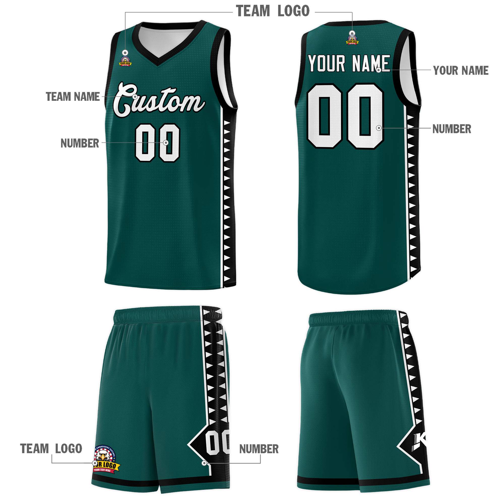 Custom Midnight Green Black Basketball Kits With Side Zigzag Pattern