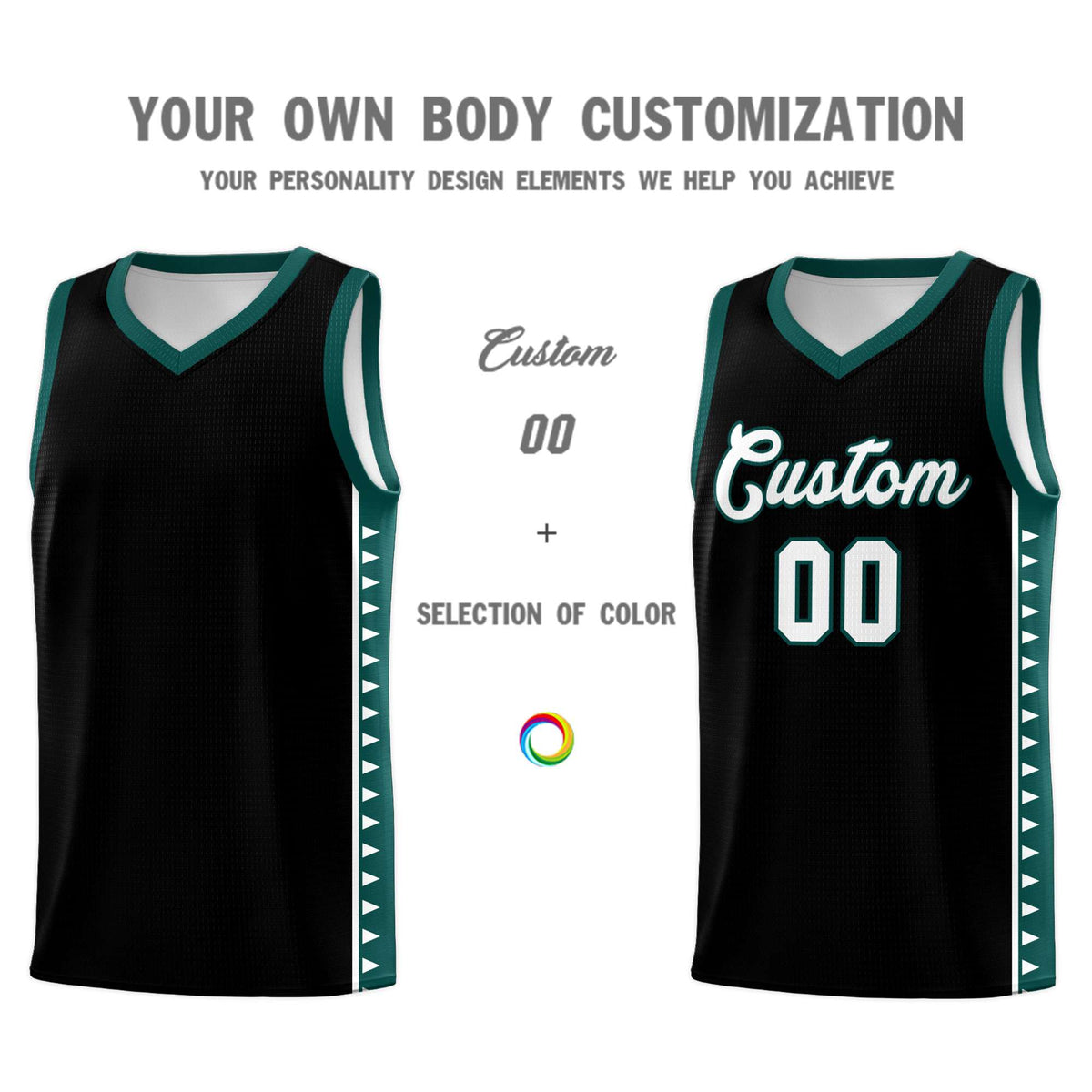 Custom Black Midnight Green Basketball Kits With Side Zigzag Pattern
