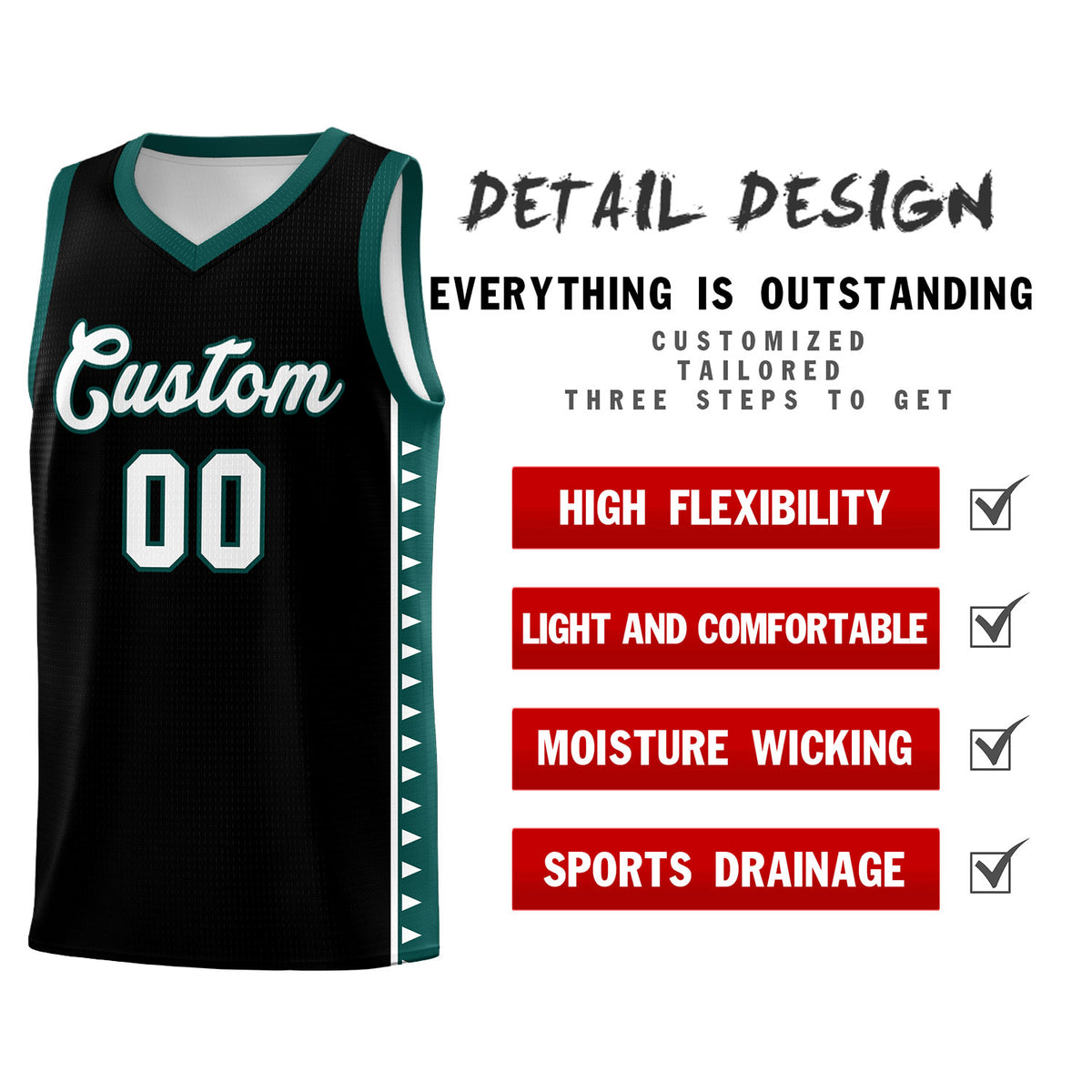 Custom Black Midnight Green Basketball Kits With Side Zigzag Pattern
