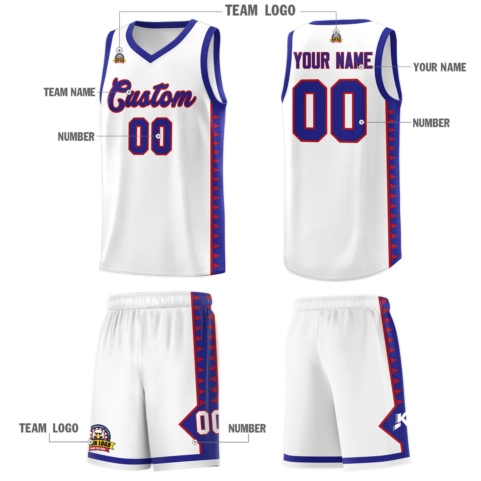 Custom White Royal Basketball Kits With Side Zigzag Pattern