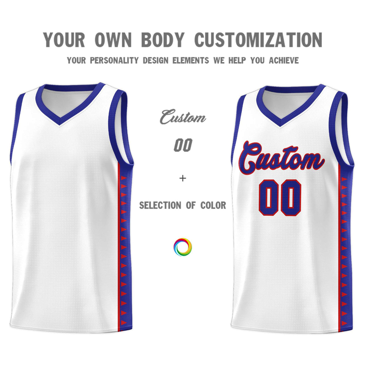Custom White Royal Basketball Kits With Side Zigzag Pattern