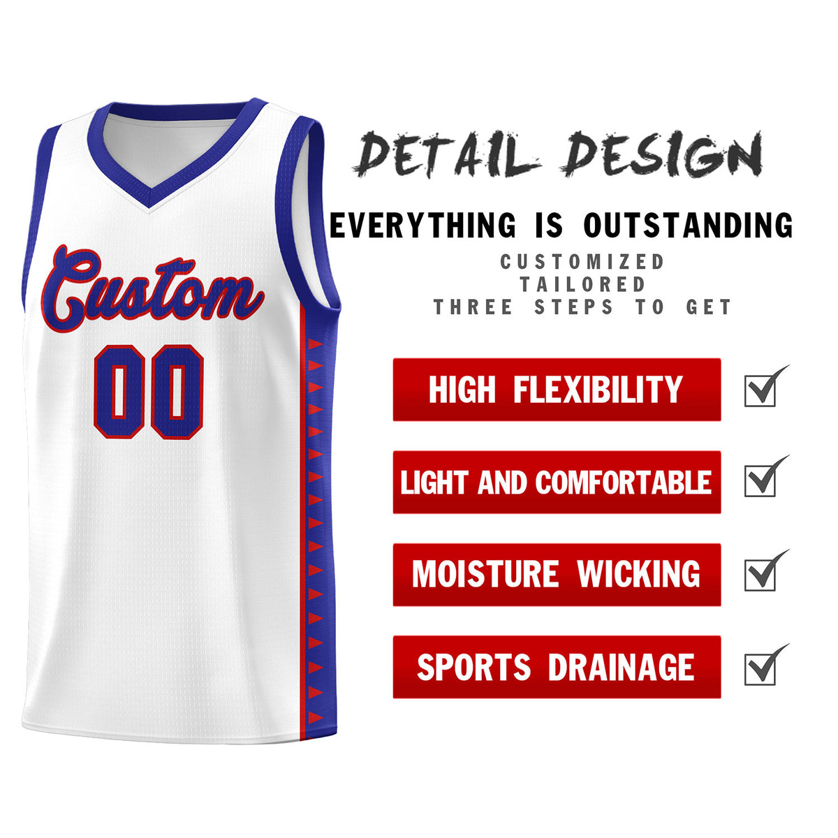 Custom White Royal Basketball Kits With Side Zigzag Pattern