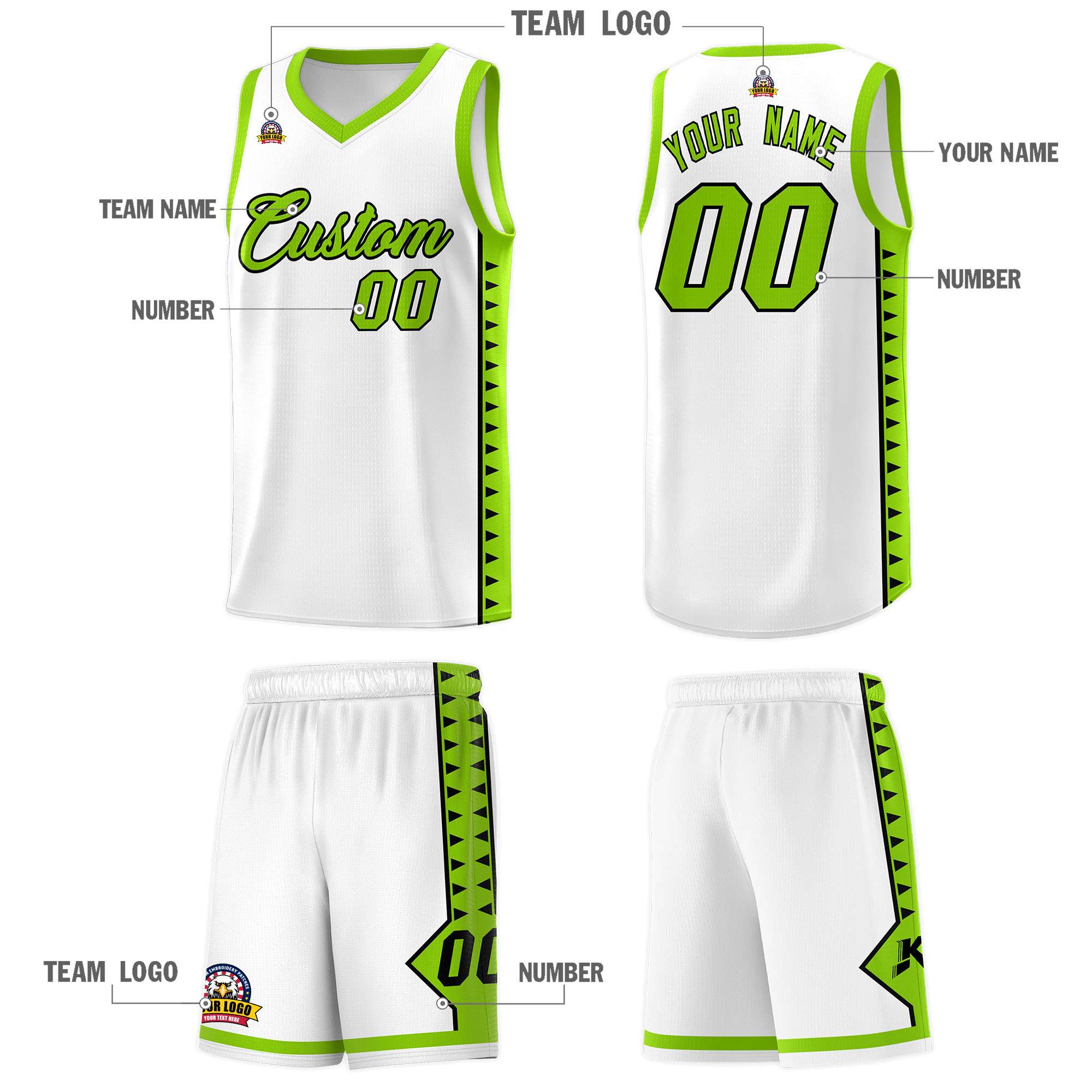 Custom White Neon Green Basketball Kits With Side Zigzag Pattern