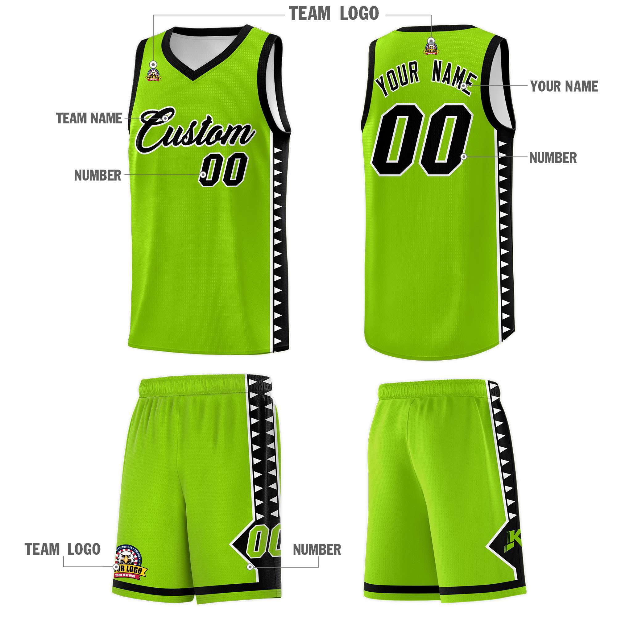 Custom Neon Green Black Basketball Kits With Side Zigzag Pattern