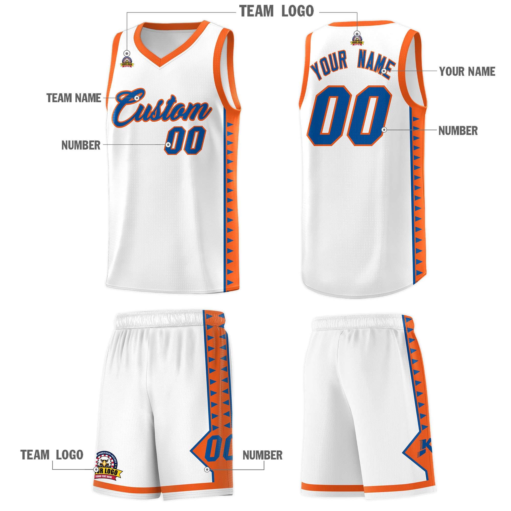 Custom White Orange Basketball Kits With Side Zigzag Pattern