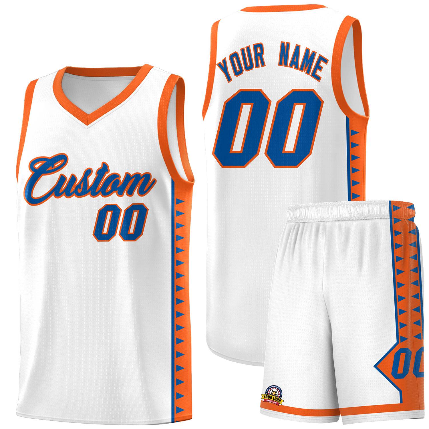 Custom White Orange Basketball Kits With Side Zigzag Pattern