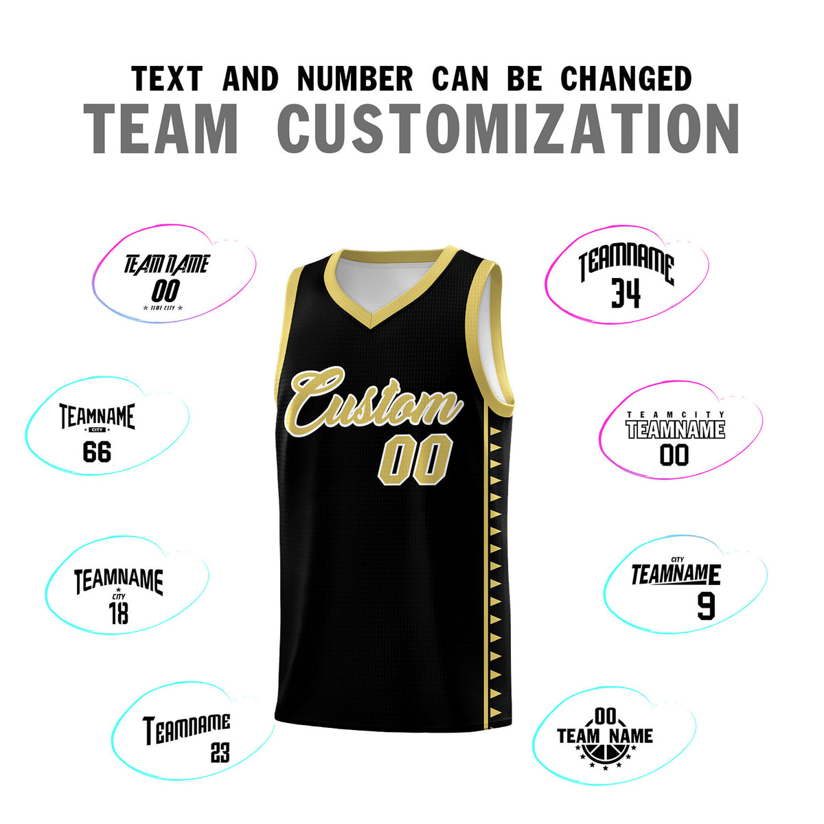 Custom Black Old Gold Basketball Kits With Side Zigzag Pattern
