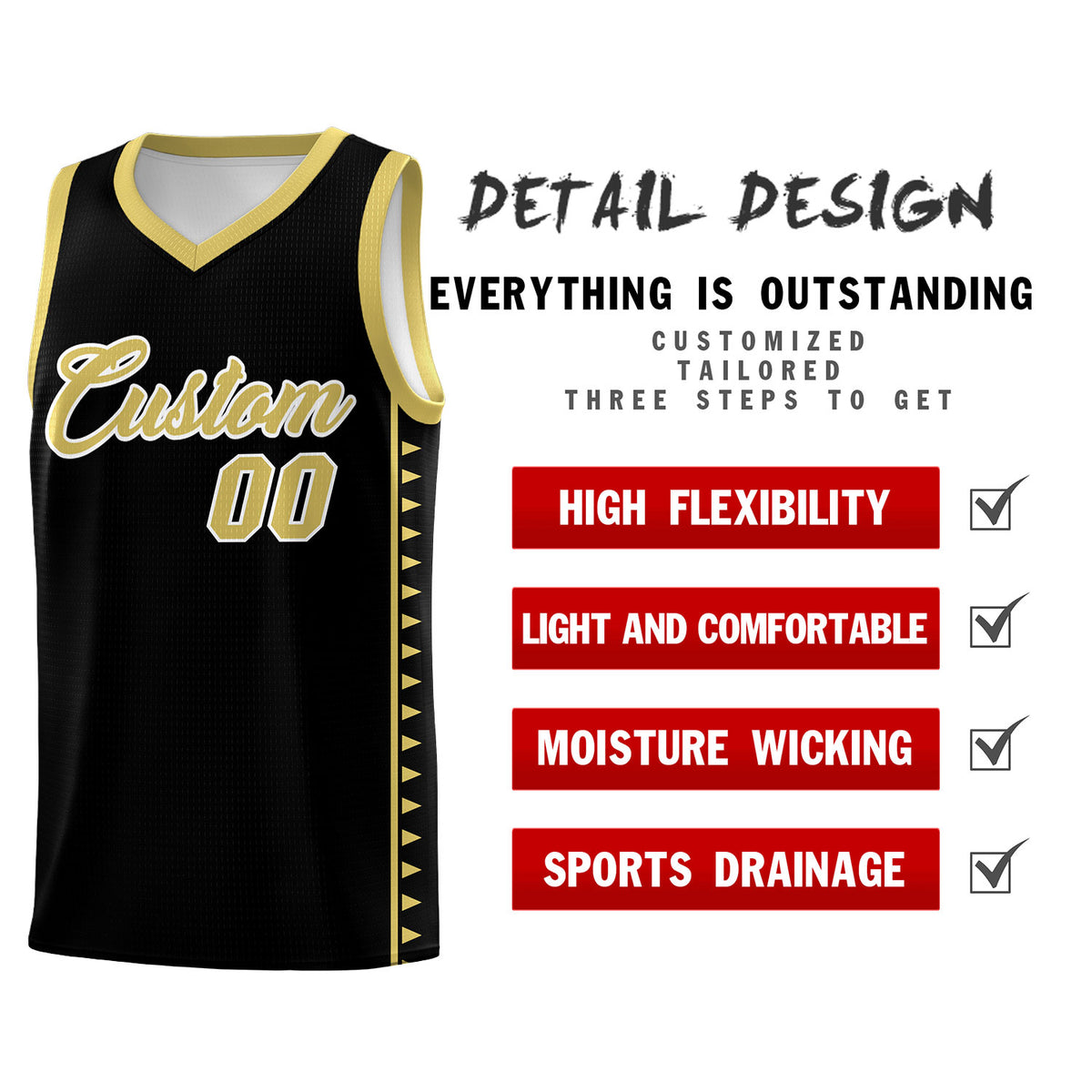 Custom Black Old Gold Basketball Kits With Side Zigzag Pattern
