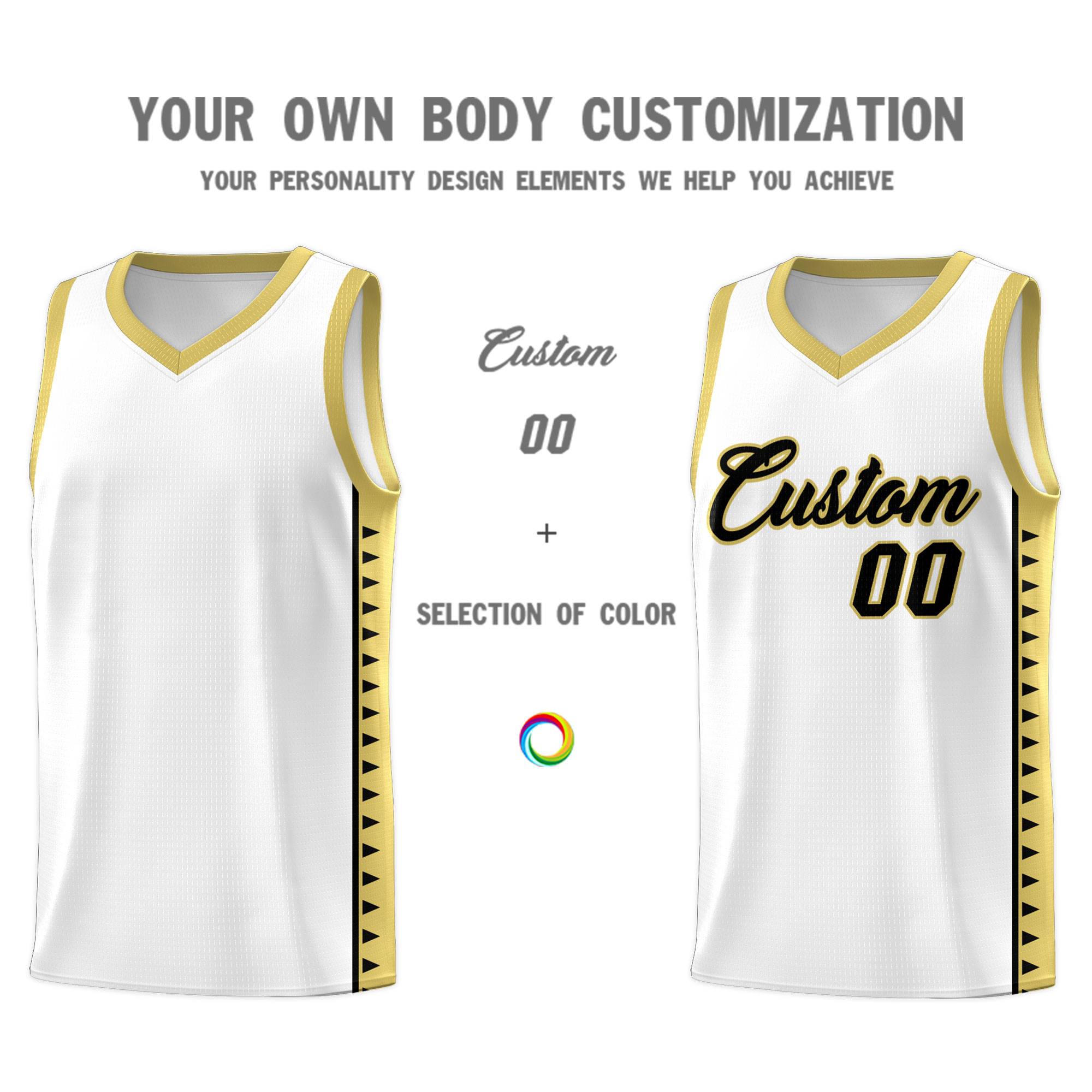 Custom White Old Gold Basketball Kits With Side Zigzag Pattern