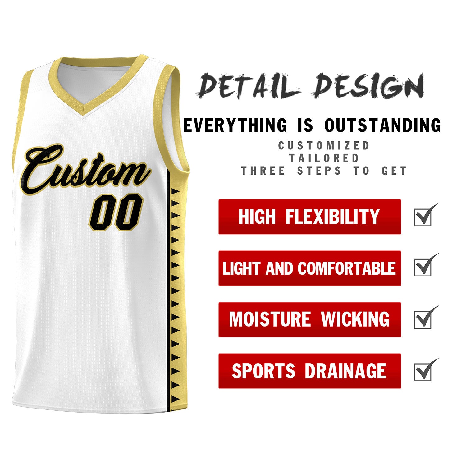 Custom White Old Gold Basketball Kits With Side Zigzag Pattern