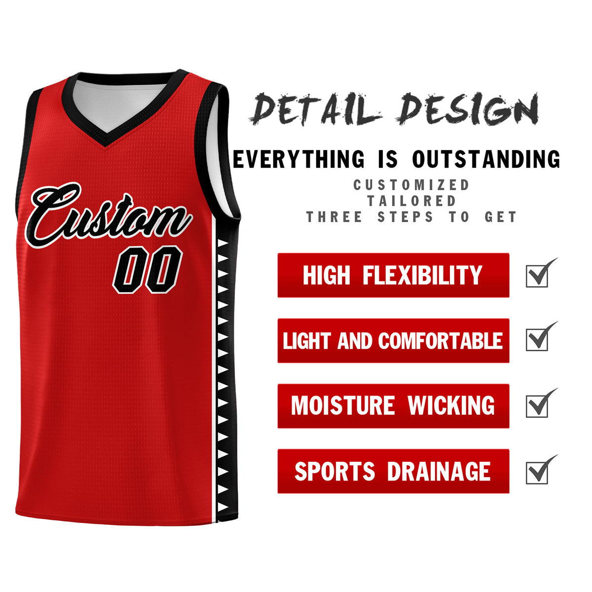 Custom Red Black Basketball Kits With Side Zigzag Pattern