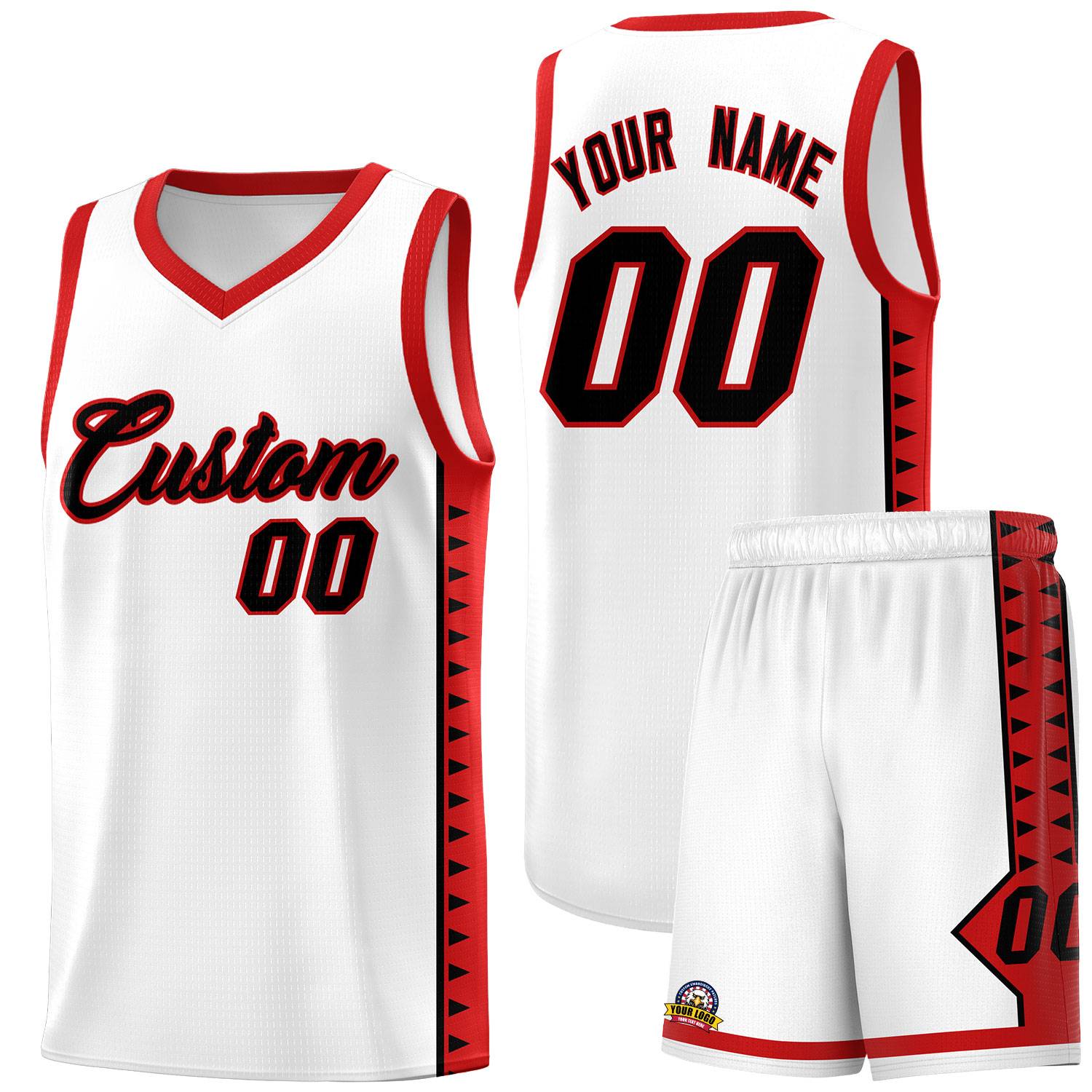 Custom White Red Basketball Kits With Side Zigzag Pattern