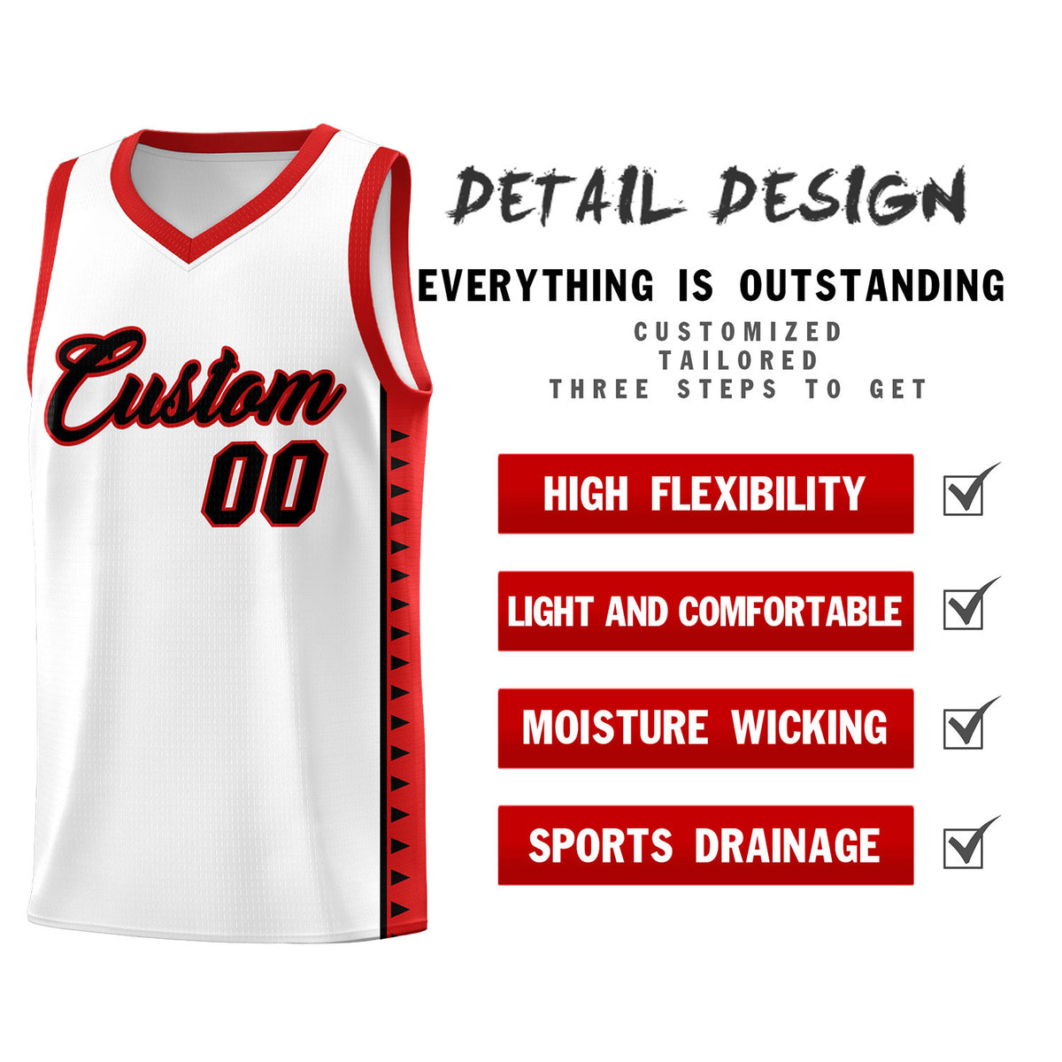 Custom White Red Basketball Kits With Side Zigzag Pattern