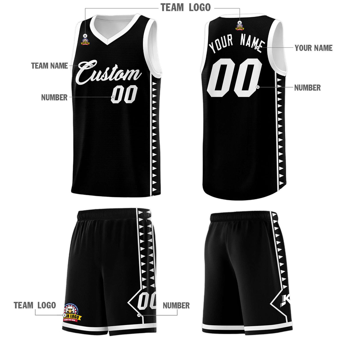 Custom Black White Basketball Kits With Side Zigzag Pattern