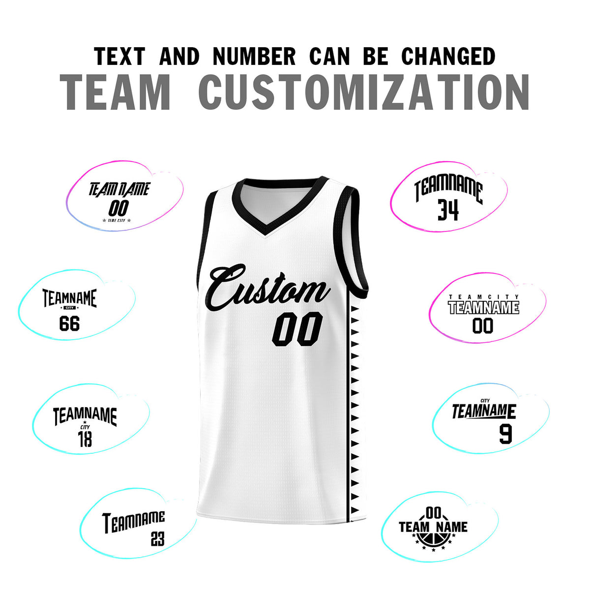 Custom White Black Basketball Kits With Side Zigzag Pattern