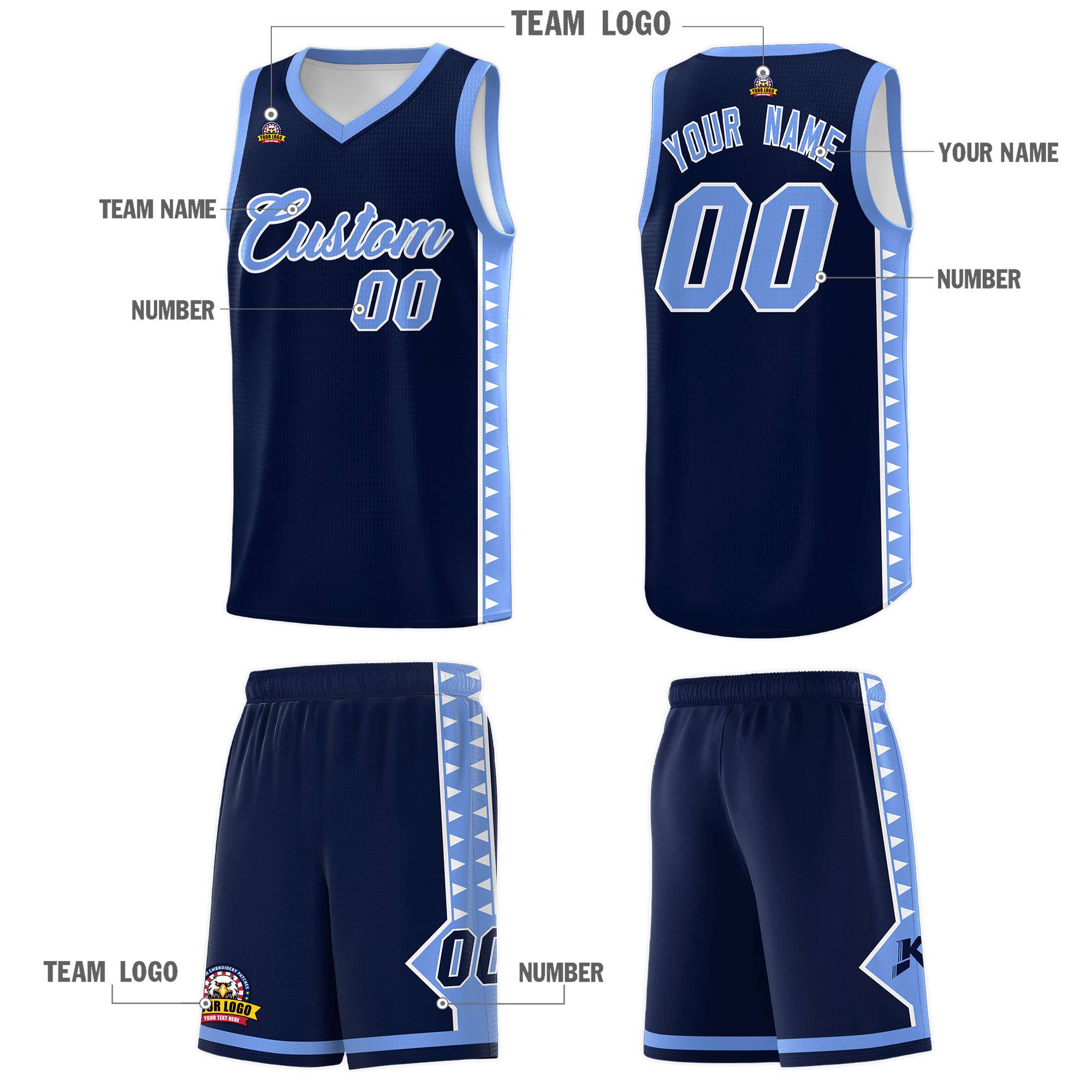 Custom Navy Light Blue Basketball Kits With Side Zigzag Pattern