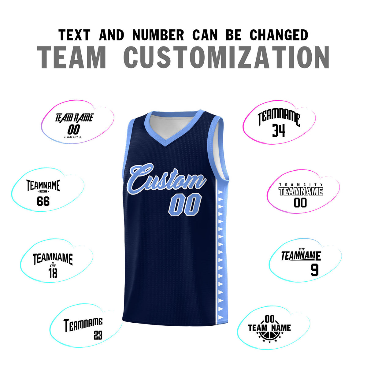 Custom Navy Light Blue Basketball Kits With Side Zigzag Pattern
