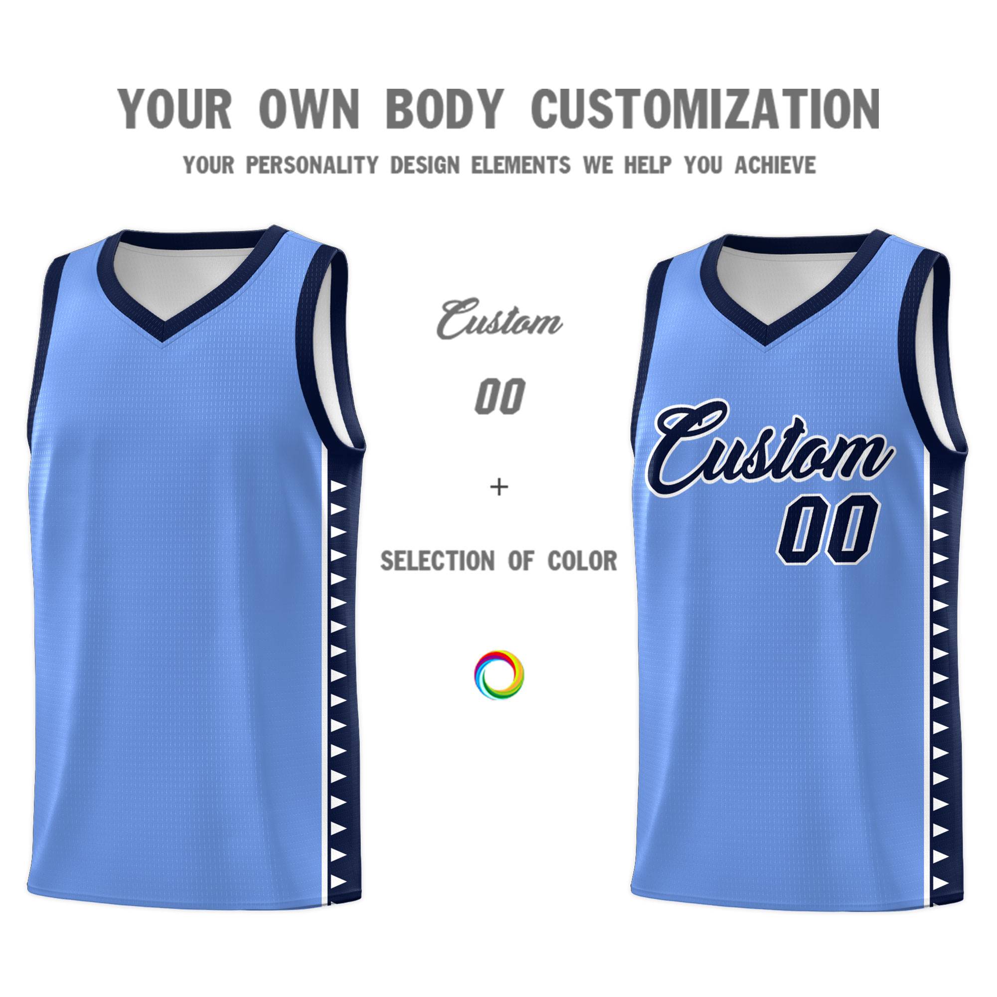 Custom Light Blue Navy Basketball Kits With Side Zigzag Pattern