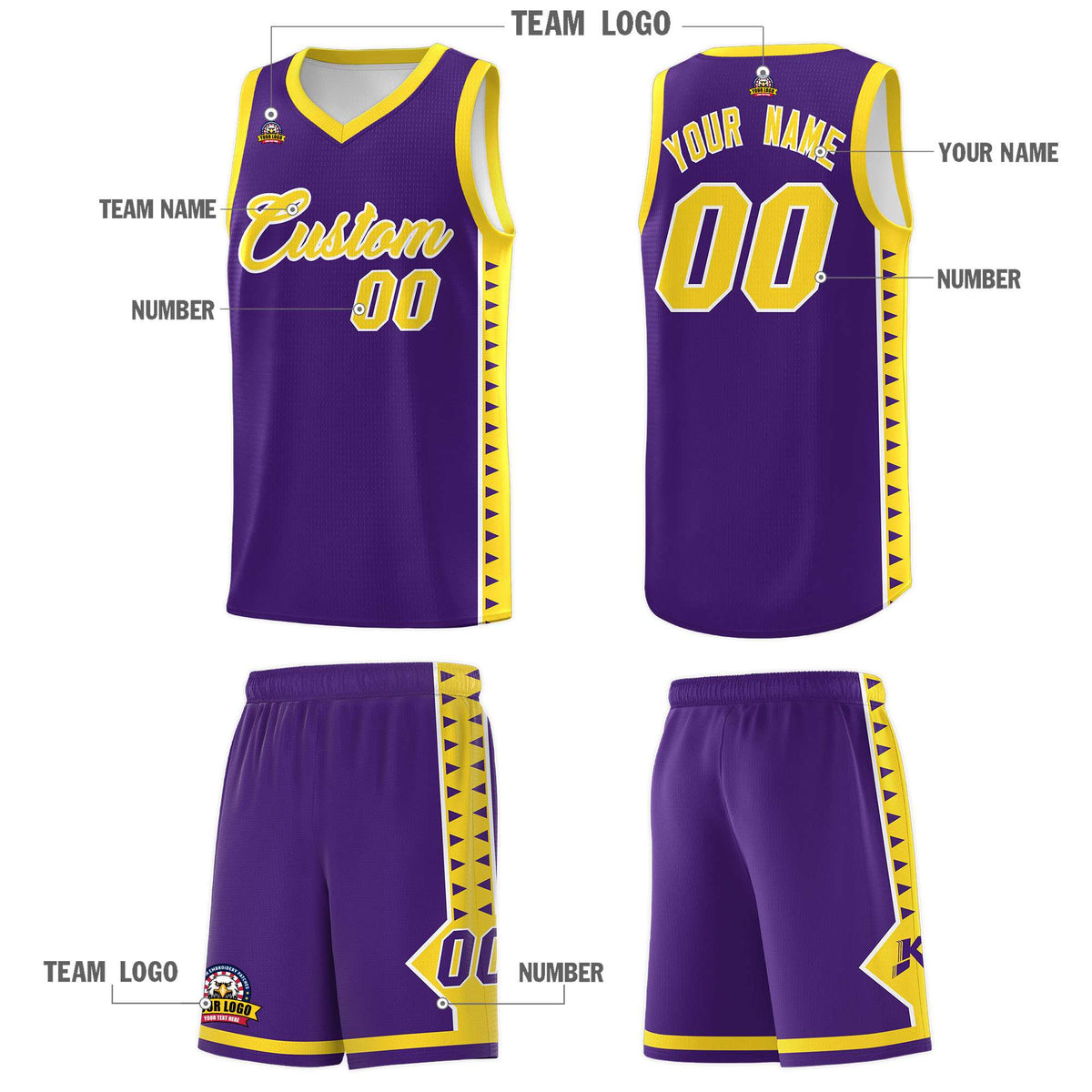 Custom Purple Gold Basketball Kits With Side Zigzag Pattern