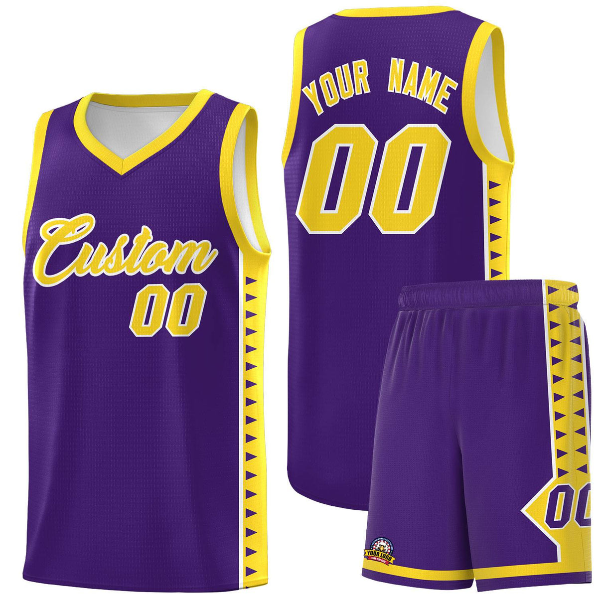 Custom Purple Gold Basketball Kits With Side Zigzag Pattern