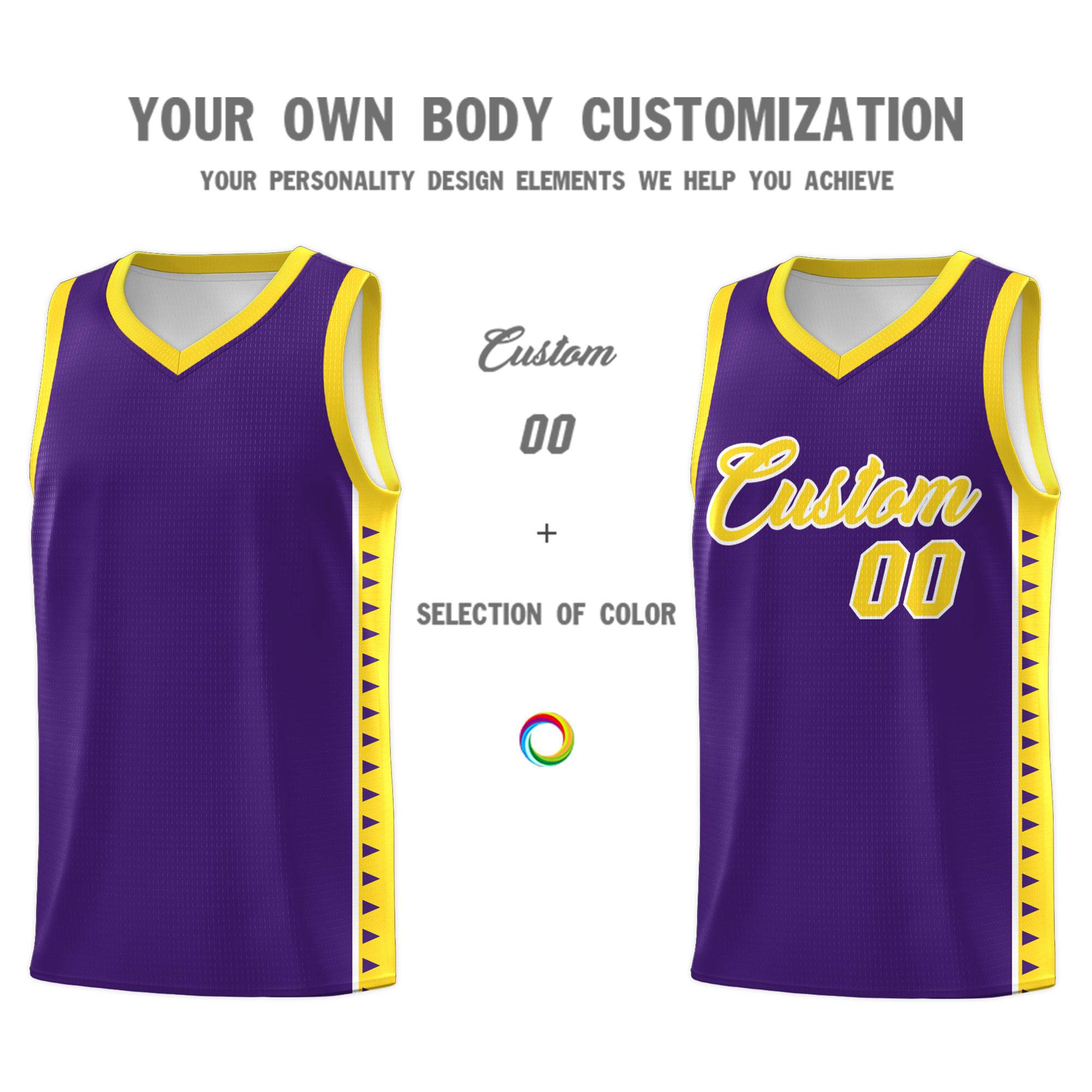 Custom Purple Gold Basketball Kits With Side Zigzag Pattern